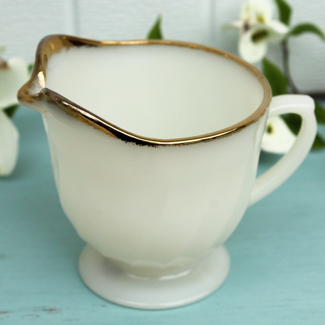 Vintage Anchor Hocking Fire-King Mid Century Milk Glass and Gold Creamer
